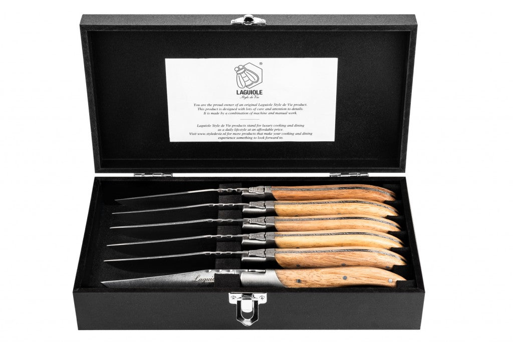 Steakmessen Laguiole Luxury Set 6 Eik Stonewash