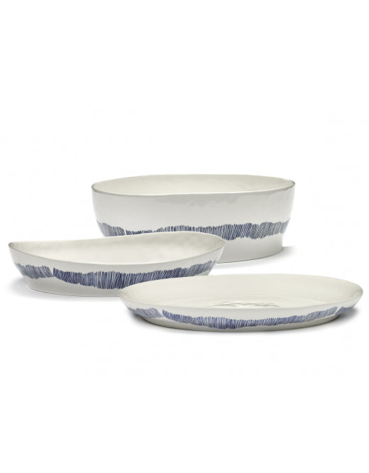 Serveerschaal Feast S L30 X B29,5 H6 Cm Wit Swirl-Stripes Blauw